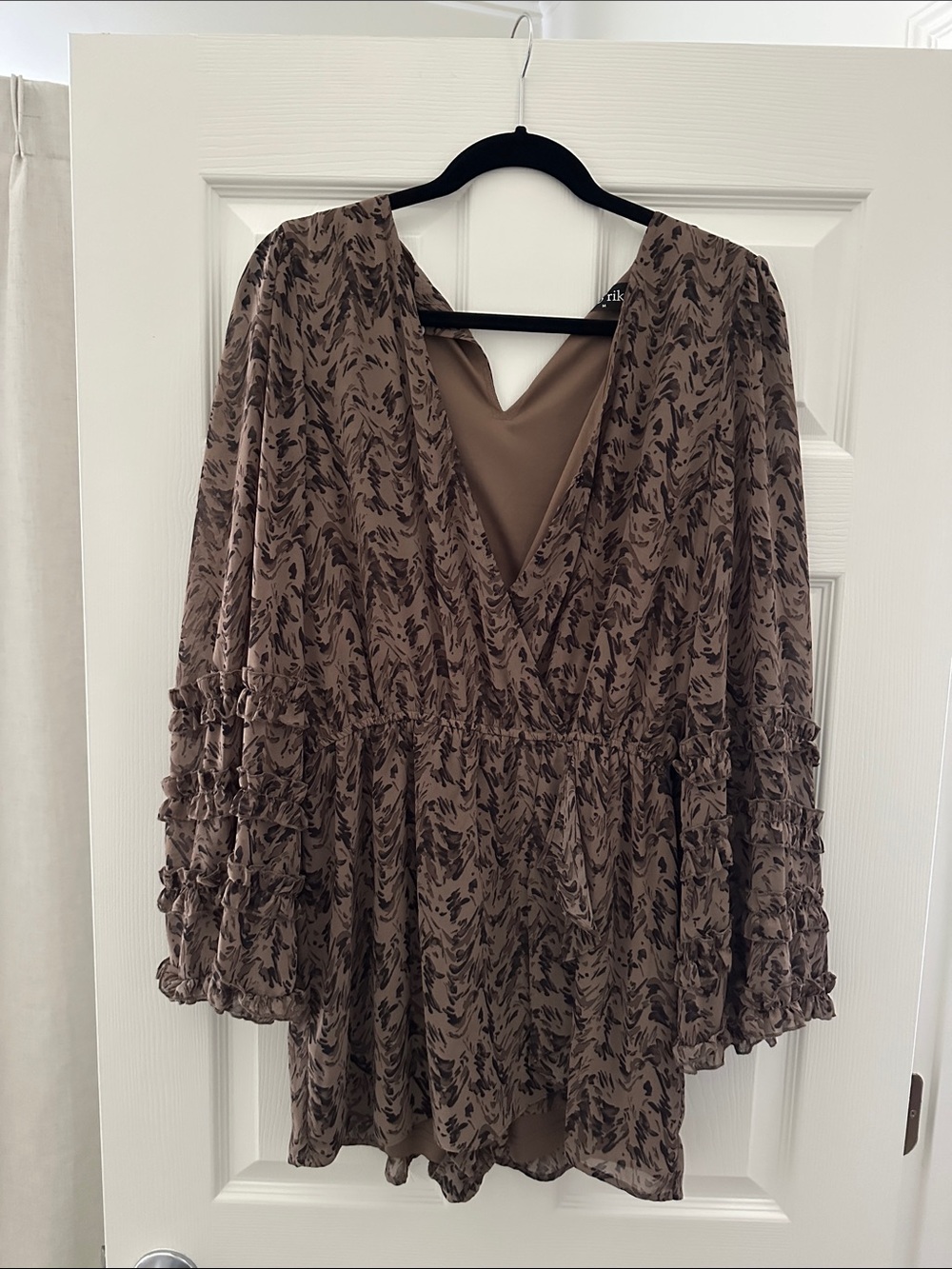 fab'rik Brown Printed V-Neck Ruffle Sleeve Romper